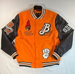 Bleecker & Mercer Orange/Black Varsity Snap Jacket Leather Sleeves XL